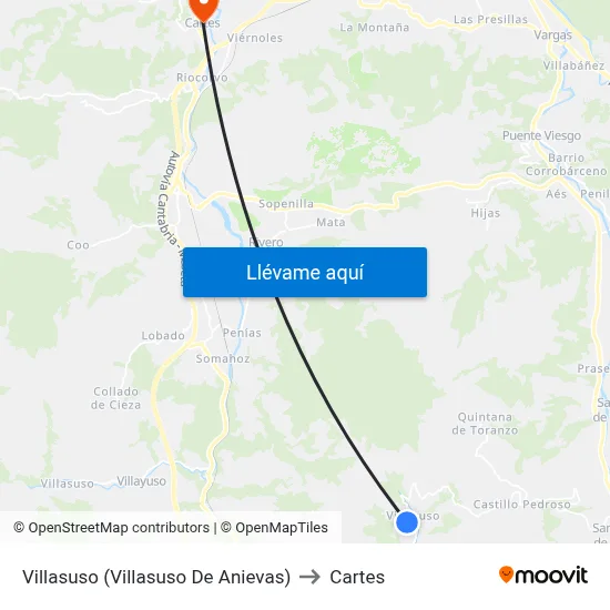 Villasuso (Villasuso De Anievas) to Cartes map