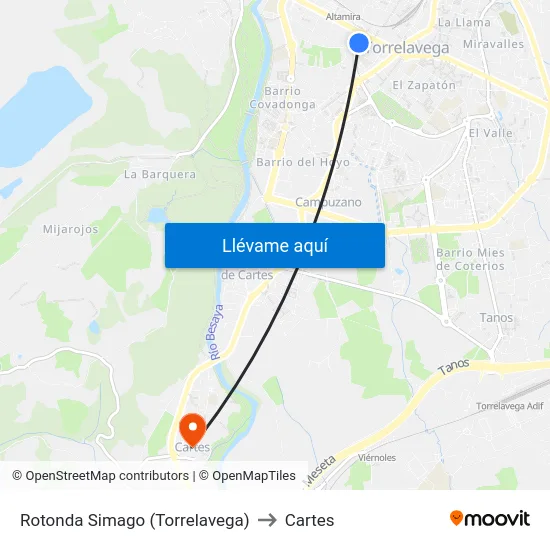 Rotonda Simago (Torrelavega) to Cartes map
