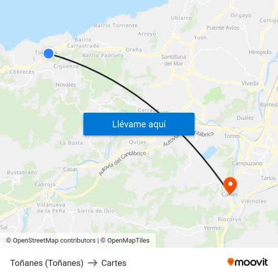 Toñanes (Toñanes) to Cartes map