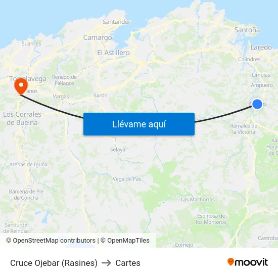Cruce Ojebar (Rasines) to Cartes map