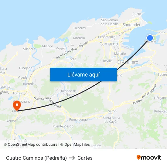 Cuatro Caminos (Pedreña) to Cartes map