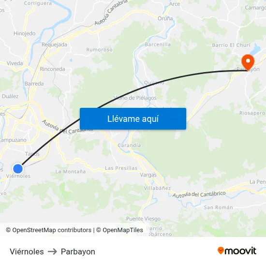 Viérnoles to Parbayon map