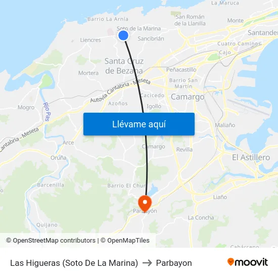 Las Higueras (Soto De La Marina) to Parbayon map