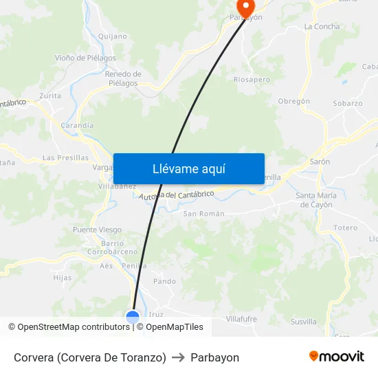 Corvera (Corvera De Toranzo) to Parbayon map