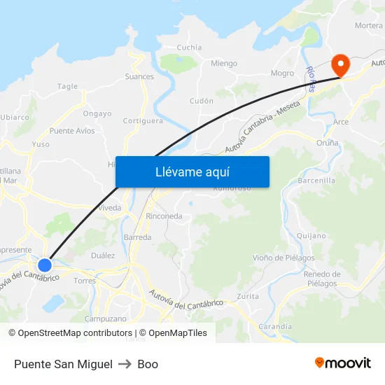 Puente San Miguel to Boo map