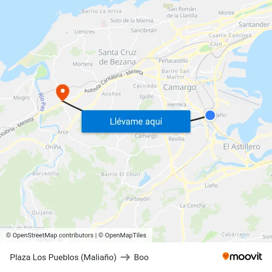 Plaza Los Pueblos (Maliaño) to Boo map