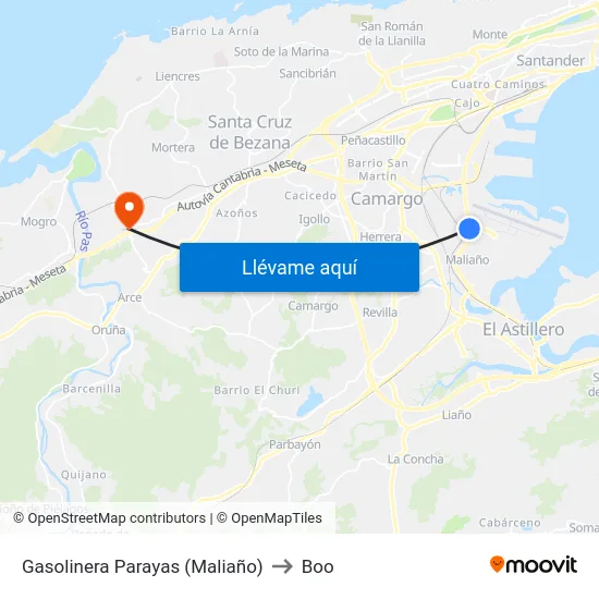 Gasolinera Parayas (Maliaño) to Boo map