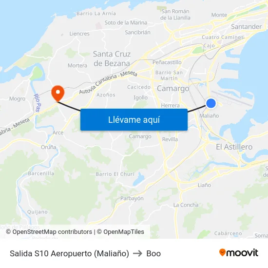 Salida S10 Aeropuerto (Maliaño) to Boo map