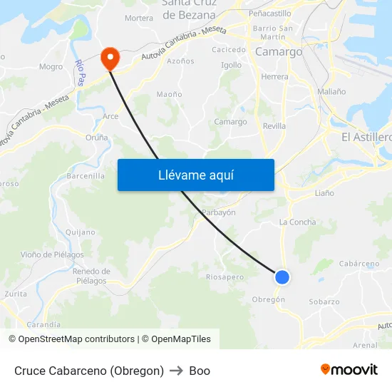 Cruce Cabarceno (Obregon) to Boo map