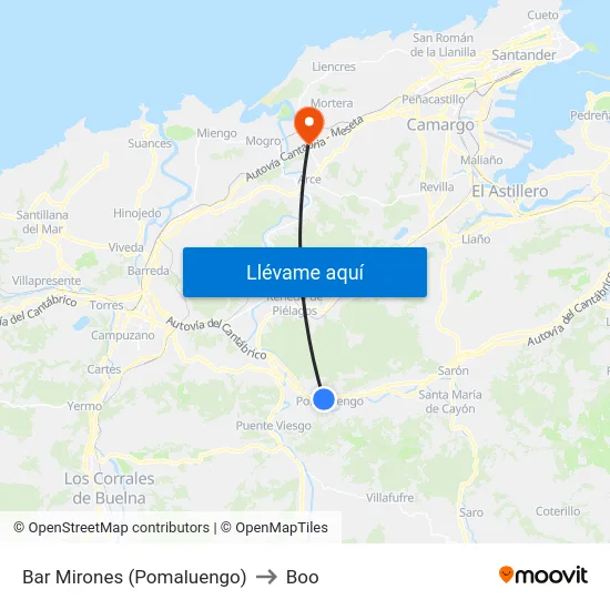Bar Mirones (Pomaluengo) to Boo map