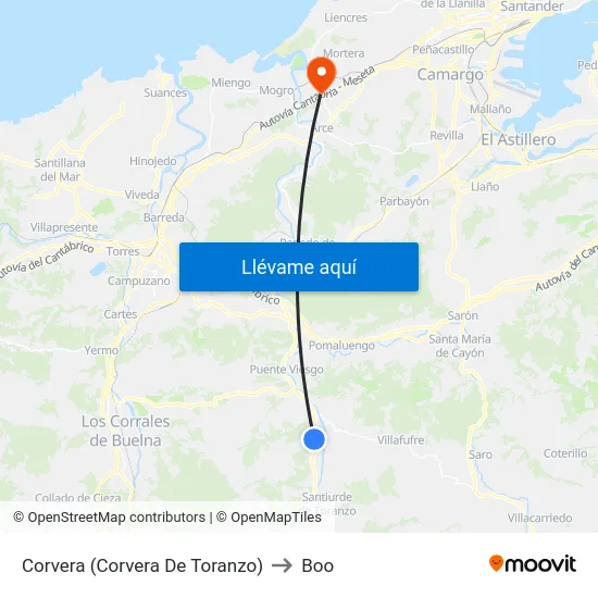 Corvera (Corvera De Toranzo) to Boo map