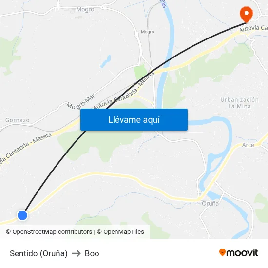 Sentido (Oruña) to Boo map