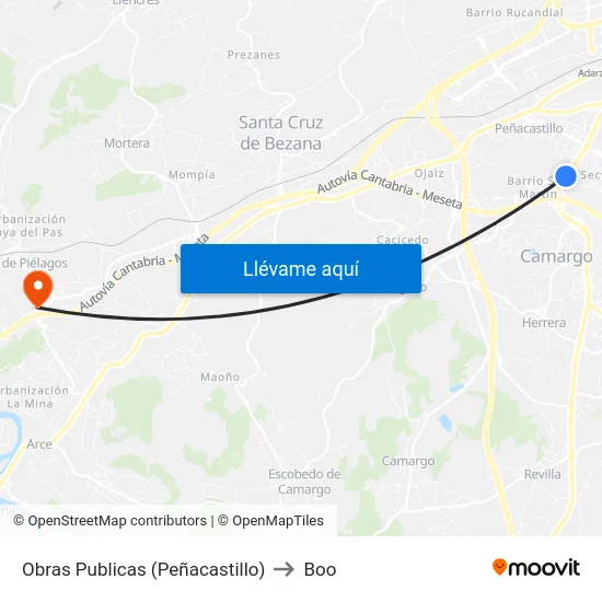 Obras Publicas (Peñacastillo) to Boo map