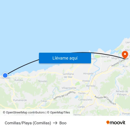 Comillas/Playa (Comillas) to Boo map