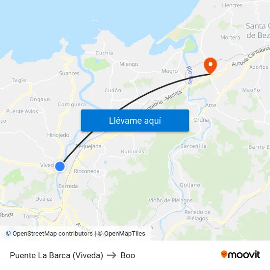 Puente La Barca (Viveda) to Boo map
