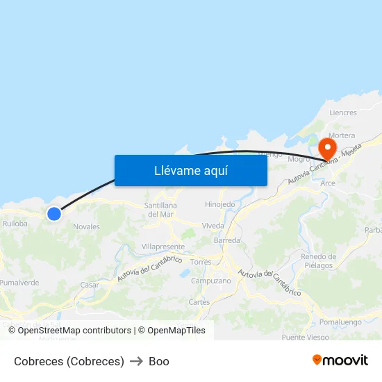 Cobreces (Cobreces) to Boo map