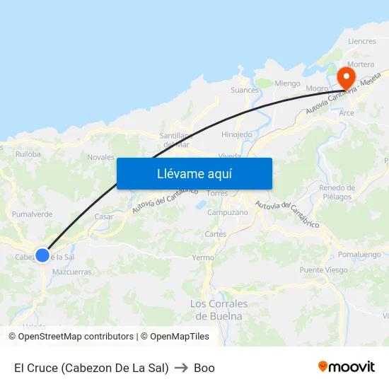 El Cruce (Cabezon De La Sal) to Boo map