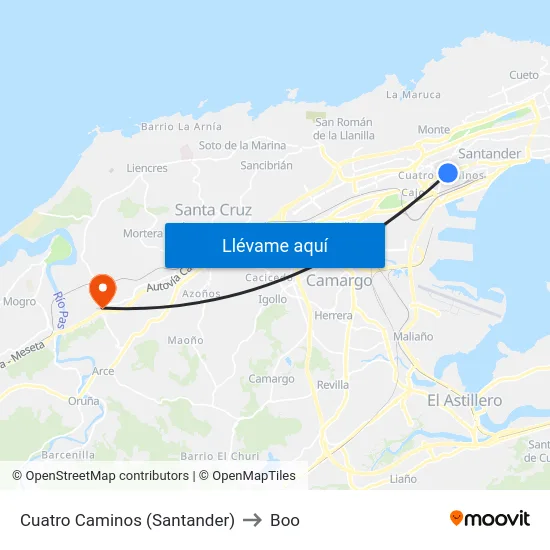 Cuatro Caminos (Santander) to Boo map