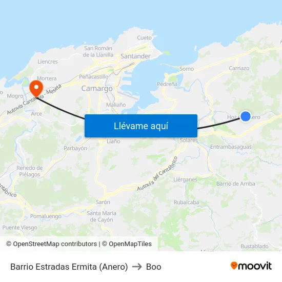 Barrio Estradas Ermita (Anero) to Boo map
