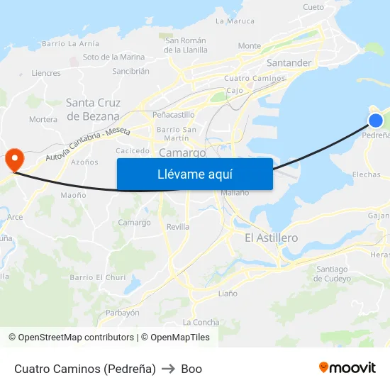 Cuatro Caminos (Pedreña) to Boo map
