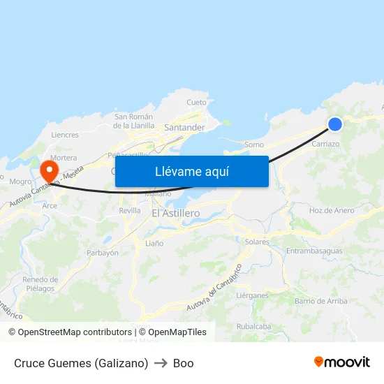 Cruce Guemes (Galizano) to Boo map