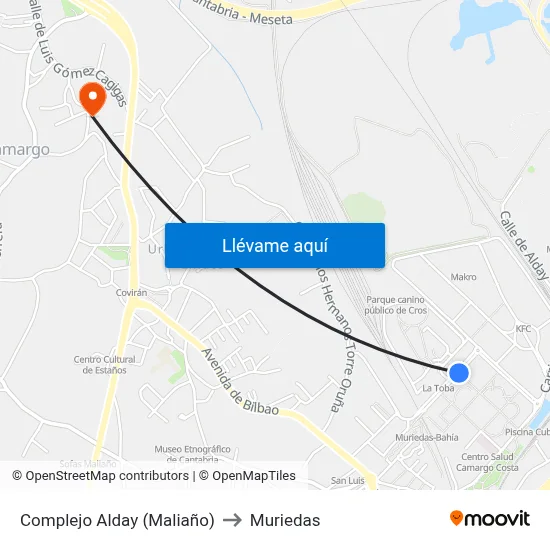 Complejo Alday (Maliaño) to Muriedas map