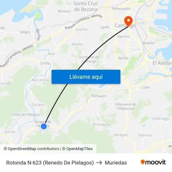 Rotonda N-623 (Renedo De Pielagos) to Muriedas map