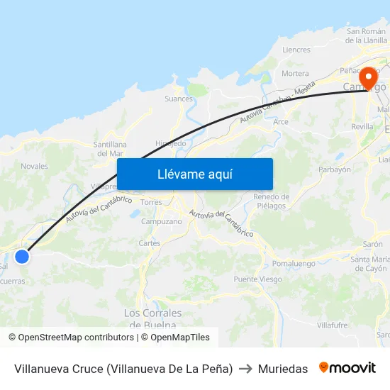 Villanueva Cruce (Villanueva De La Peña) to Muriedas map
