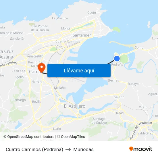 Cuatro Caminos (Pedreña) to Muriedas map