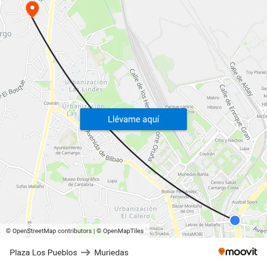 Plaza Los Pueblos to Muriedas map