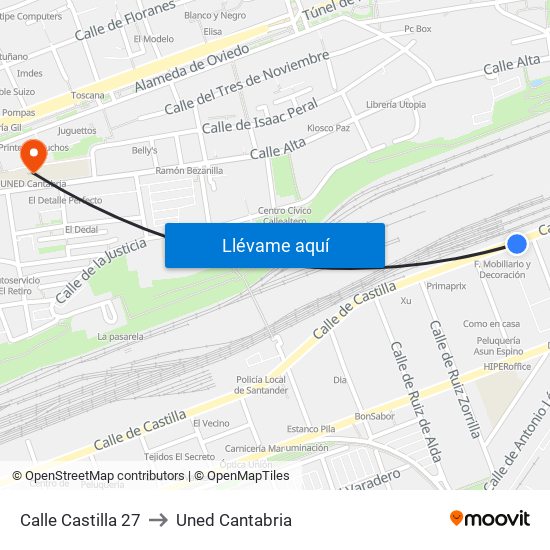 Calle Castilla 27 to Uned Cantabria map