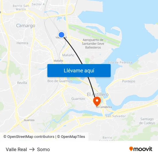 Valle Real to Somo map