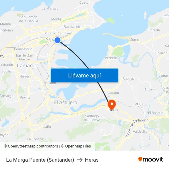 La Marga Puente (Santander) to Heras map