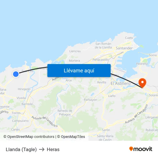 Llanda (Tagle) to Heras map