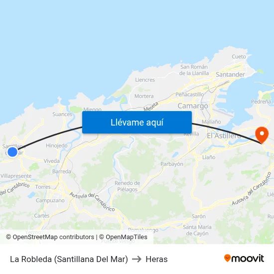 La Robleda (Santillana Del Mar) to Heras map