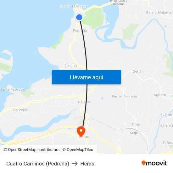 Cuatro Caminos (Pedreña) to Heras map