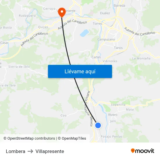 Lombera to Villapresente map