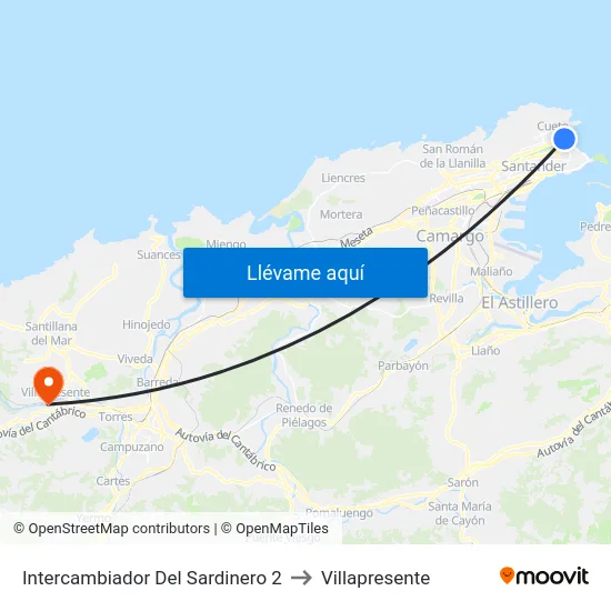 Intercambiador Del Sardinero 2 to Villapresente map