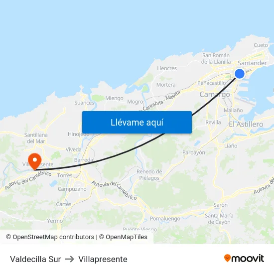 Valdecilla Sur to Villapresente map