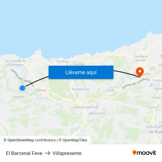 El Barcenal Feve to Villapresente map
