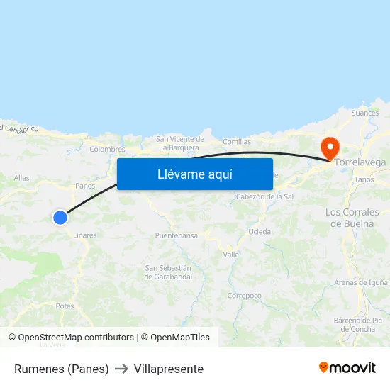 Rumenes (Panes) to Villapresente map