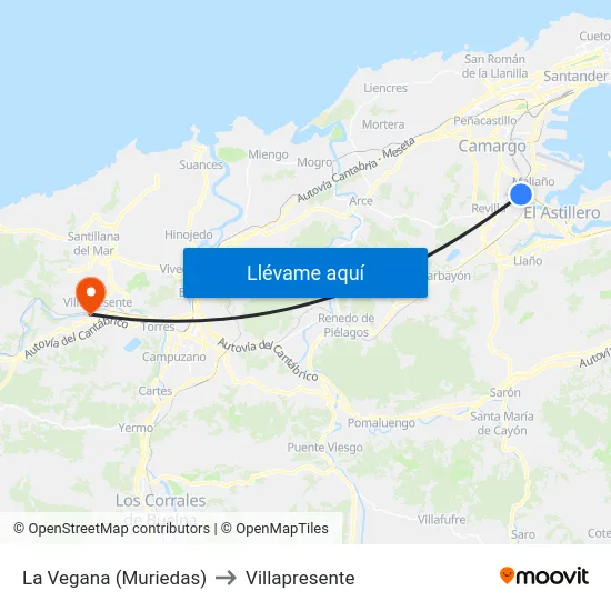 La Vegana (Muriedas) to Villapresente map