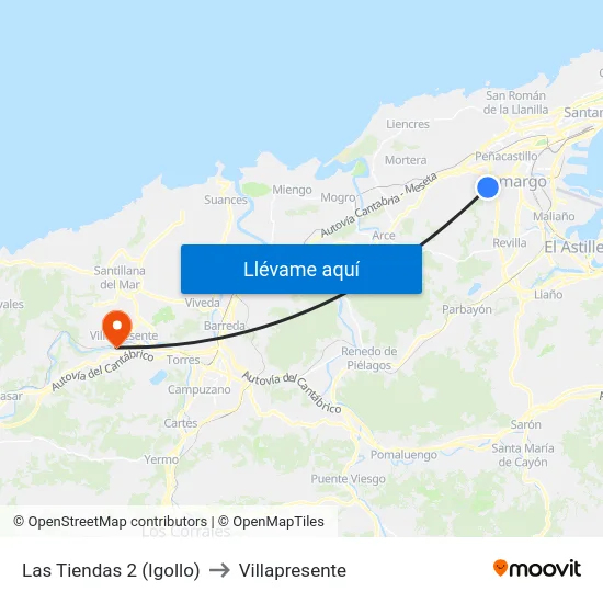 Las Tiendas 2 (Igollo) to Villapresente map