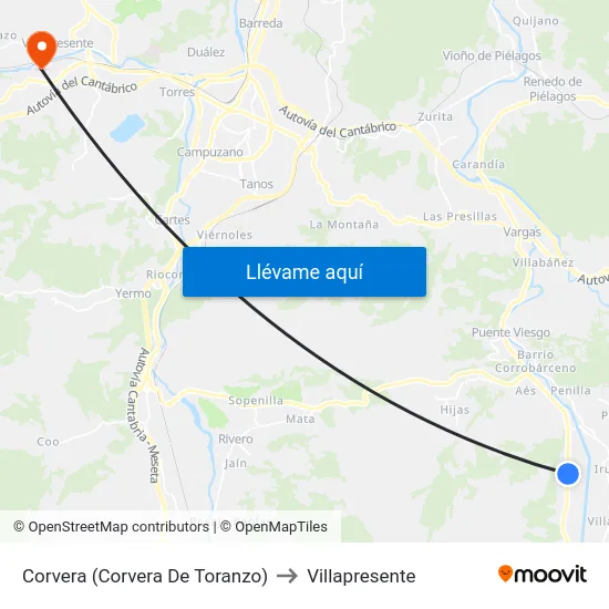 Corvera (Corvera De Toranzo) to Villapresente map