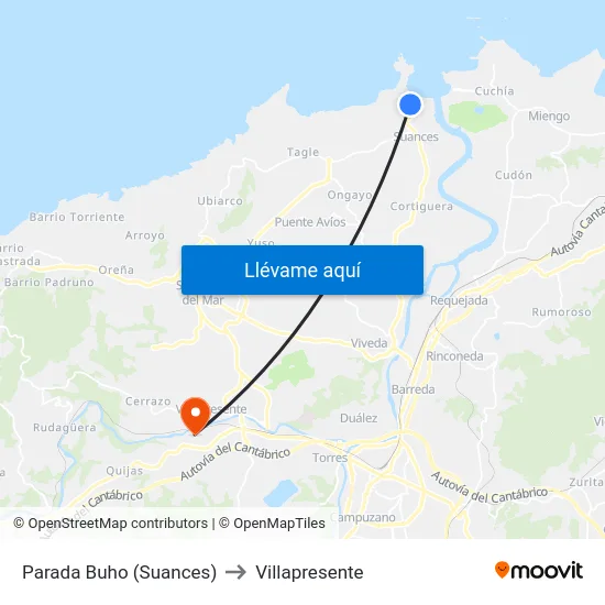 Parada Buho (Suances) to Villapresente map