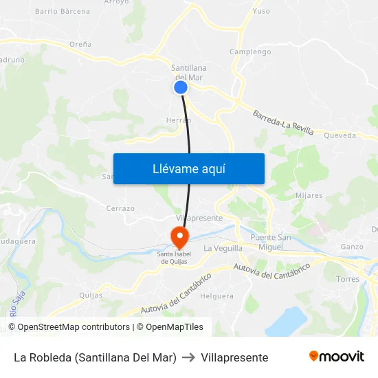 La Robleda (Santillana Del Mar) to Villapresente map