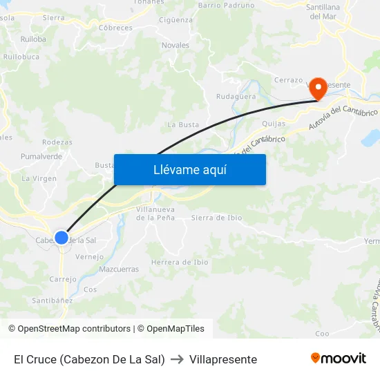 El Cruce (Cabezon De La Sal) to Villapresente map