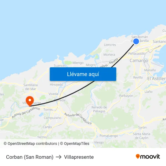 Corban (San Roman) to Villapresente map