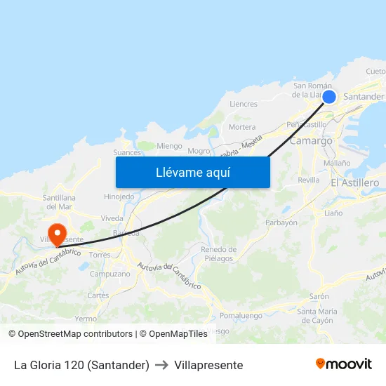 La Gloria 120 (Santander) to Villapresente map