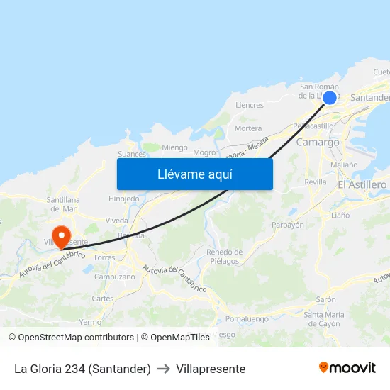 La Gloria 234 (Santander) to Villapresente map